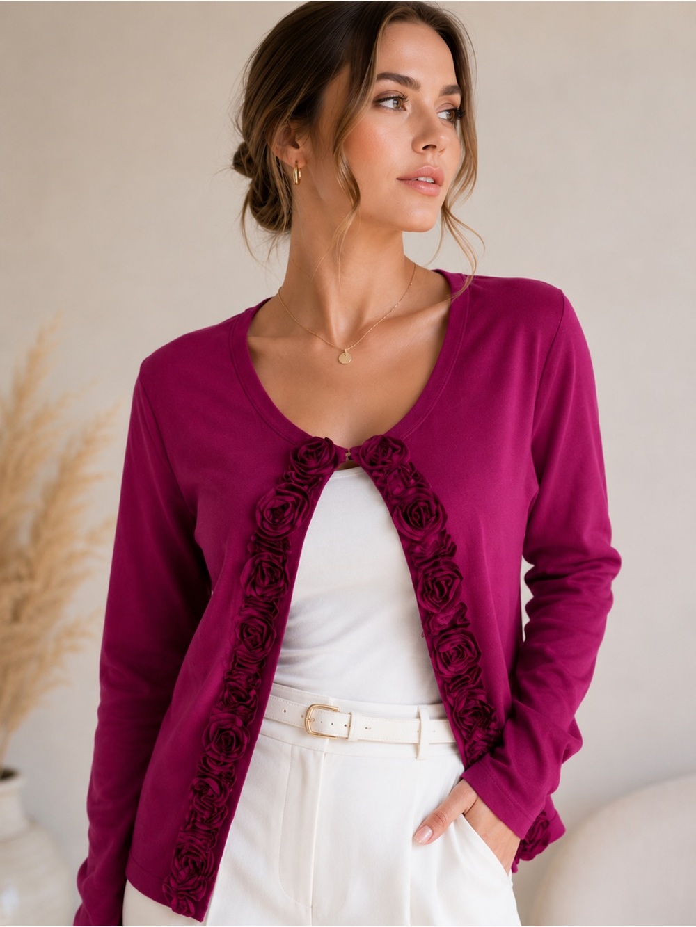 Rafaella 100% Cotton Magenta Rose-Trim Open Cardigan